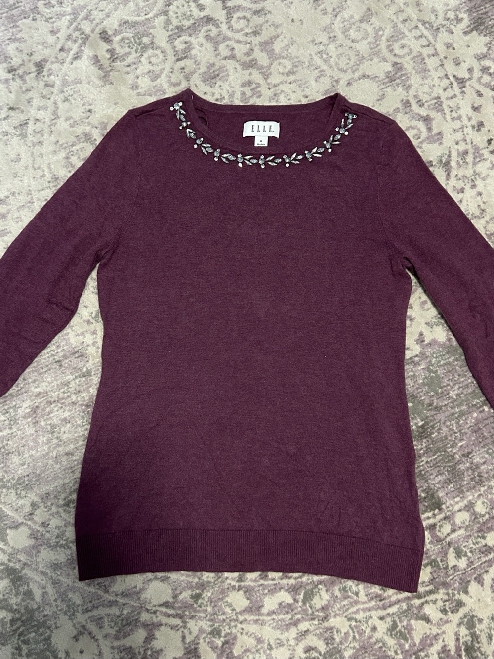 ELLE Heather Purple Embellished Crewneck Sweater with bib rhinestones NWOT